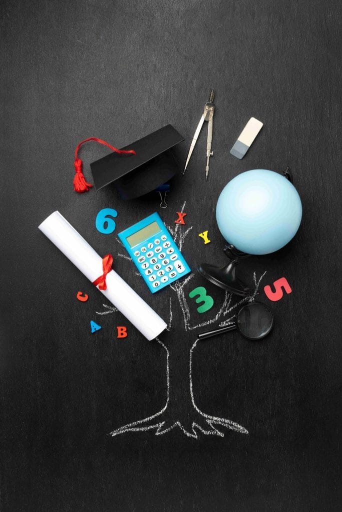 top view school supplies tree drawn blackboard education day 11zon 1024x1536 1